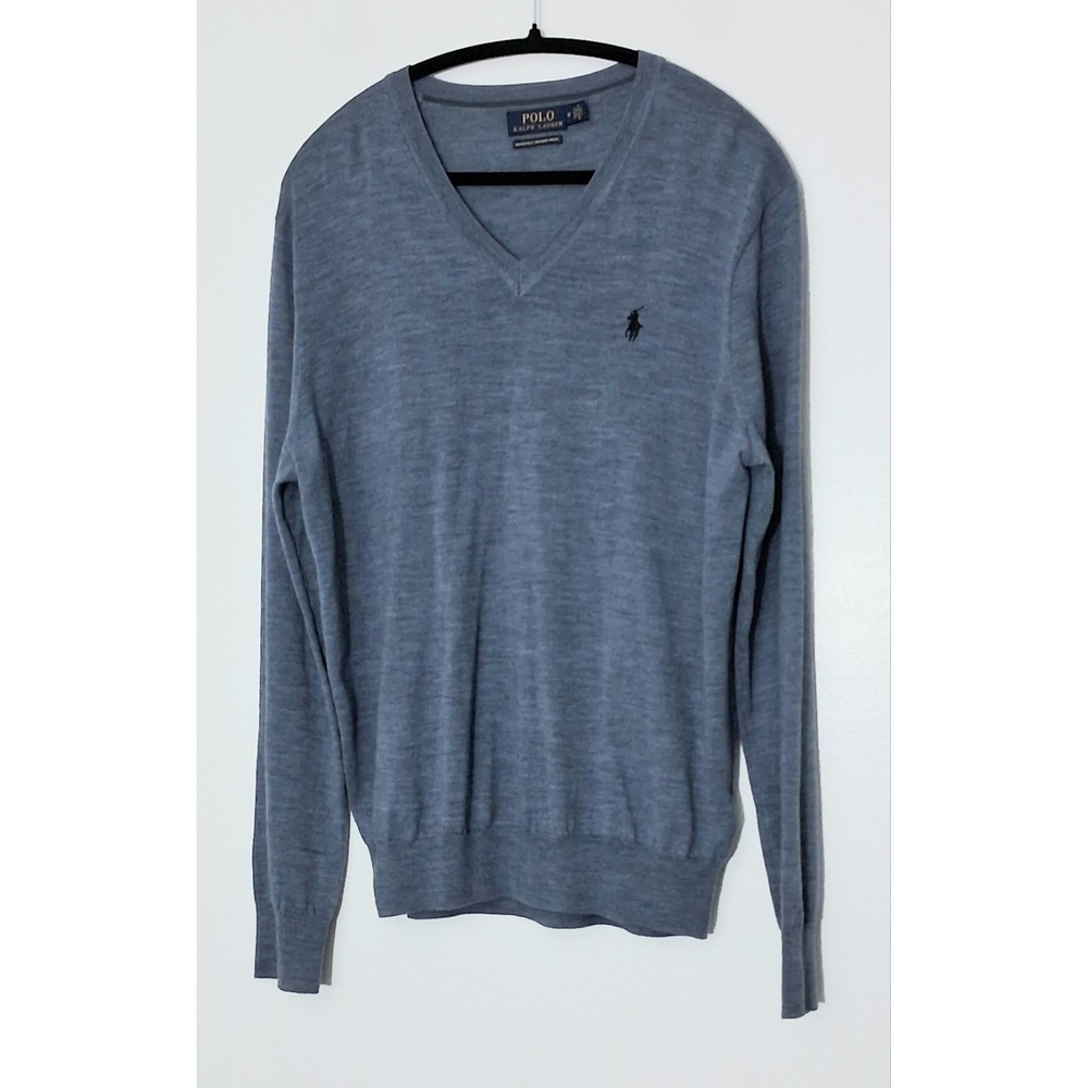 Polo Ralph Lauren Sweater Men's Medium Blue Washable Merino Wool V-Neck Preowned